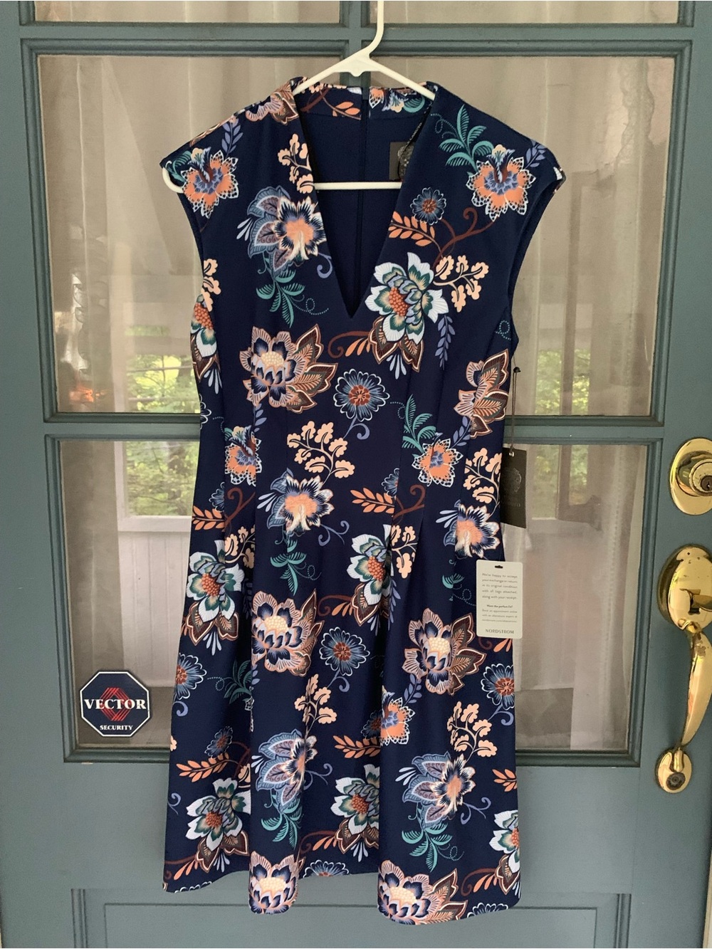 Vince Camuto Navy Floral V-Neck Midi Dress